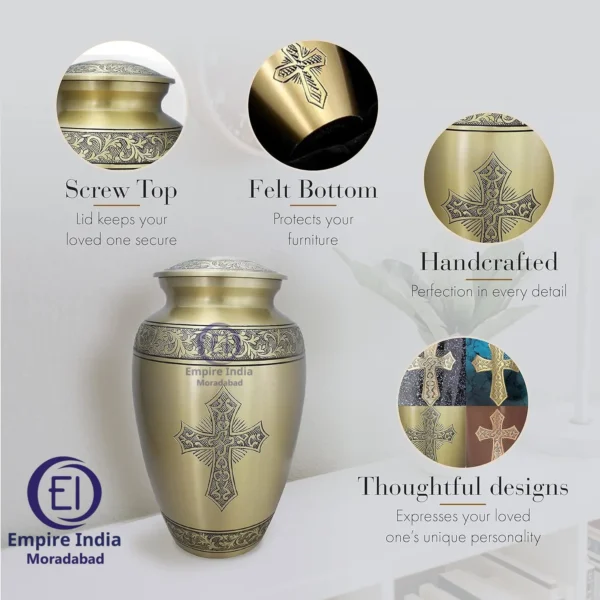 Handcrafted Cremation Urn – Antique Brass Finish with Engraved Cross Design | Empire India - Image 2