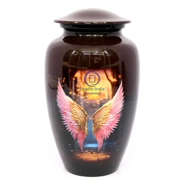 Handcrafted Aluminum Cremation Urn – Meena Coated with Vibrant Angel Wings Design | Empire India