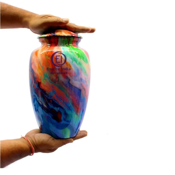 Vibrant Multicolor Swirl Cremation Urn – Aluminum Body with Meena Coating & Printed Sticker Finish | Empire India Handmade Memorial Urn - Image 2