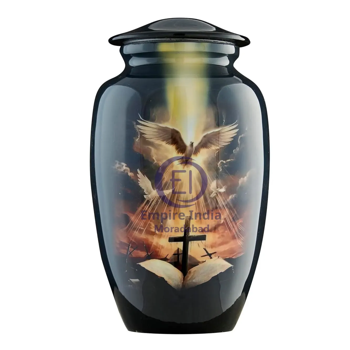 Heavenly Ascension Cremation Urn – Aluminum | Meena Coated with Spiritual Sticker Print | Handmade Memorial by Empire India