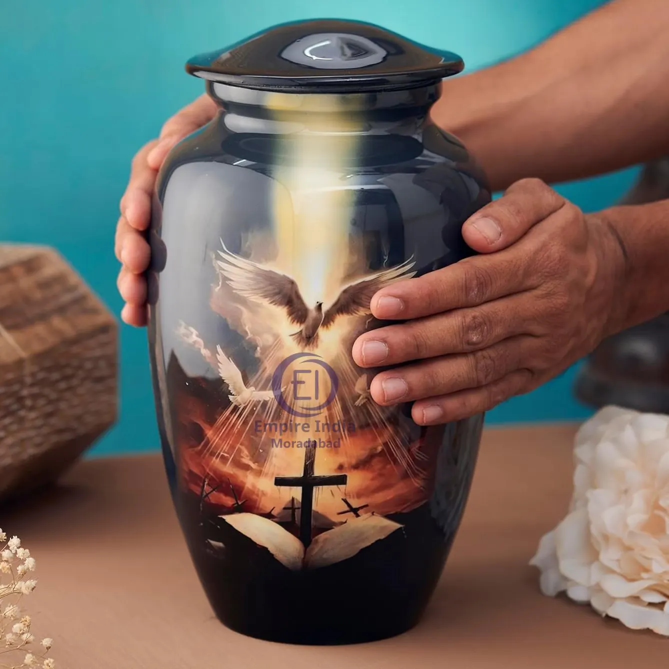 Heavenly Ascension Cremation Urn – Aluminum | Meena Coated with Spiritual Sticker Print | Handmade Memorial by Empire India - Image 3