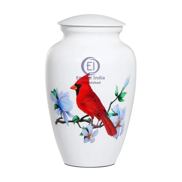 White Cardinal Bird Aluminum Cremation Urn – Meena Coated with Sticker Finish | Empire India Manufacturer | Exporter | Supplier | Moradabad, India