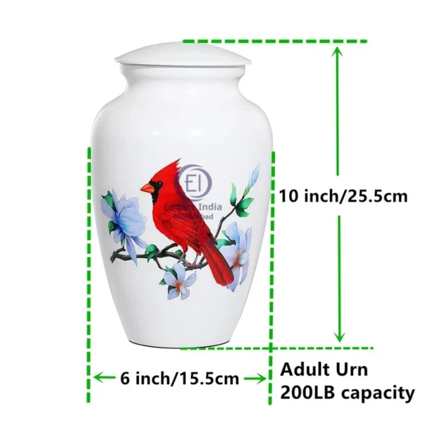 White Cardinal Bird Aluminum Cremation Urn – Meena Coated with Sticker Finish | Empire India Manufacturer | Exporter | Supplier | Moradabad, India - Image 2