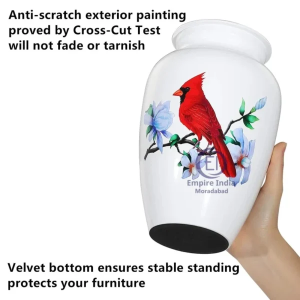 White Cardinal Bird Aluminum Cremation Urn – Meena Coated with Sticker Finish | Empire India Manufacturer | Exporter | Supplier | Moradabad, India - Image 3
