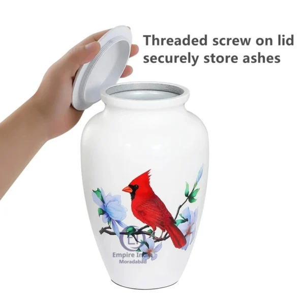 White Cardinal Bird Aluminum Cremation Urn – Meena Coated with Sticker Finish | Empire India Manufacturer | Exporter | Supplier | Moradabad, India - Image 4