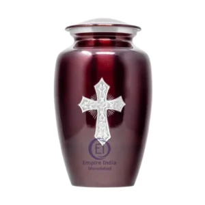 Maroon Cross Design Aluminum Cremation Urn – Meena Coated with Engraved Silver Cross | Empire India Manufacturer | Exporter | Supplier | Moradabad, India