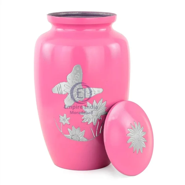 Aluminum Cremation Urn – Pink with Butterfly & Flower Engraving | Empire India, Moradabad - Image 2