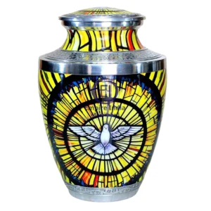 Stained Glass Dove Cremation Urn – Aluminum | Meena Coated | Sticker Printed | Handmade Funeral Memorial Urn by Empire India