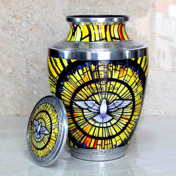 Stained Glass Dove Cremation Urn – Aluminum | Meena Coated | Sticker Printed | Handmade Funeral Memorial Urn by Empire India - Image 2