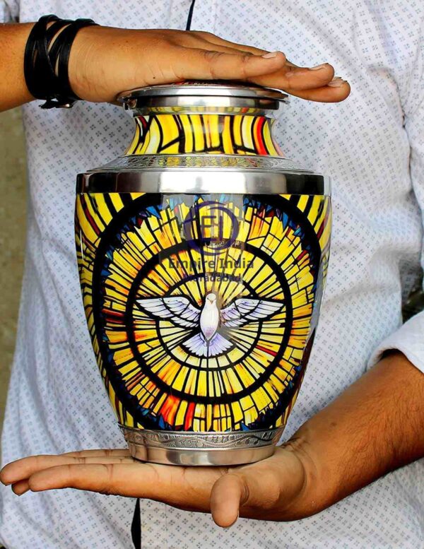 Stained Glass Dove Cremation Urn – Aluminum | Meena Coated | Sticker Printed | Handmade Funeral Memorial Urn by Empire India - Image 3