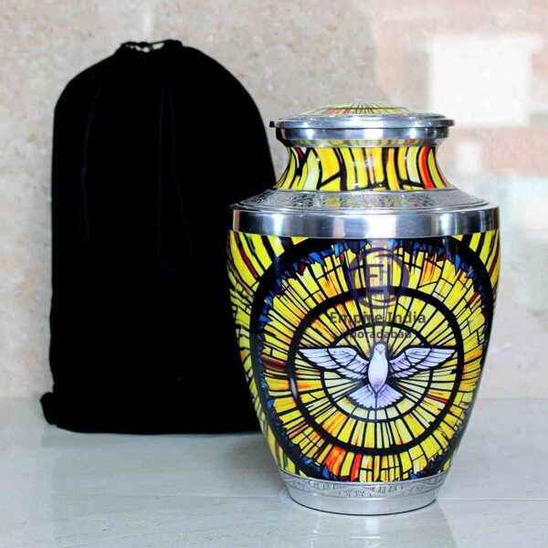 Stained Glass Dove Cremation Urn – Aluminum | Meena Coated | Sticker Printed | Handmade Funeral Memorial Urn by Empire India - Image 4