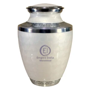 White Pearl Finish Aluminum Cremation Urn – Meena Coated with Hammered Texture Handcrafted Elegance from Moradabad, India by Empire India