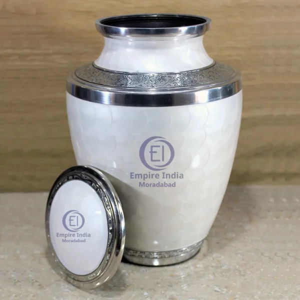 White Pearl Finish Aluminum Cremation Urn – Meena Coated with Hammered Texture Handcrafted Elegance from Moradabad, India by Empire India - Image 2
