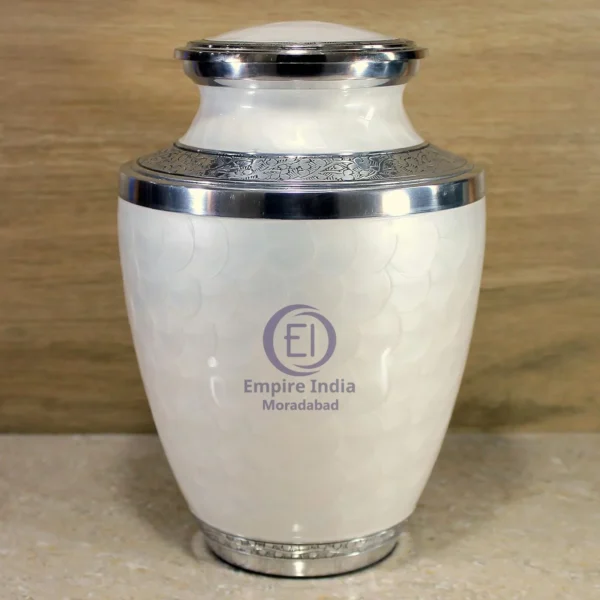 White Pearl Finish Aluminum Cremation Urn – Meena Coated with Hammered Texture Handcrafted Elegance from Moradabad, India by Empire India - Image 5