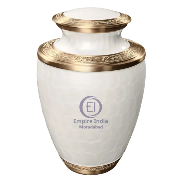 Pearl White Brass Cremation Urn – Hand-Engraved with Gold-Tone Accents | Empire India Manufacturer | Exporter | Supplier | Moradabad, India