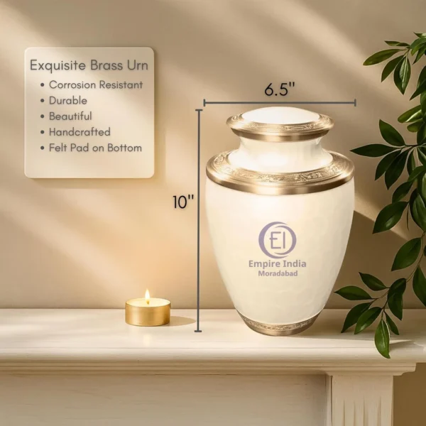 Pearl White Brass Cremation Urn – Hand-Engraved with Gold-Tone Accents | Empire India Manufacturer | Exporter | Supplier | Moradabad, India - Image 2