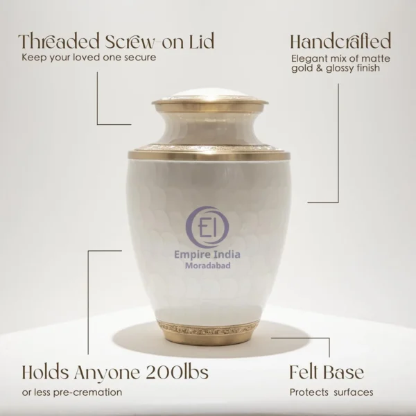 Pearl White Brass Cremation Urn – Hand-Engraved with Gold-Tone Accents | Empire India Manufacturer | Exporter | Supplier | Moradabad, India - Image 4