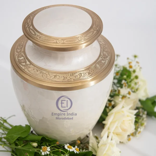 Pearl White Brass Cremation Urn – Hand-Engraved with Gold-Tone Accents | Empire India Manufacturer | Exporter | Supplier | Moradabad, India - Image 5