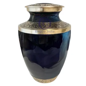 Midnight Blue Brass Cremation Urn – Hand-Etched with Gold Floral Accents Handcrafted Elegance from Moradabad, India by Empire India