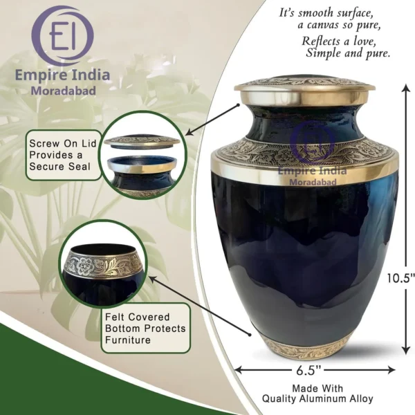 Midnight Blue Brass Cremation Urn – Hand-Etched with Gold Floral Accents Handcrafted Elegance from Moradabad, India by Empire India - Image 2