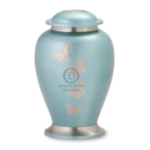 Elegant Blue Engraved Butterfly Aluminum Urn – Empire India Manufacturer | Exporter | Supplier | Moradabad, India