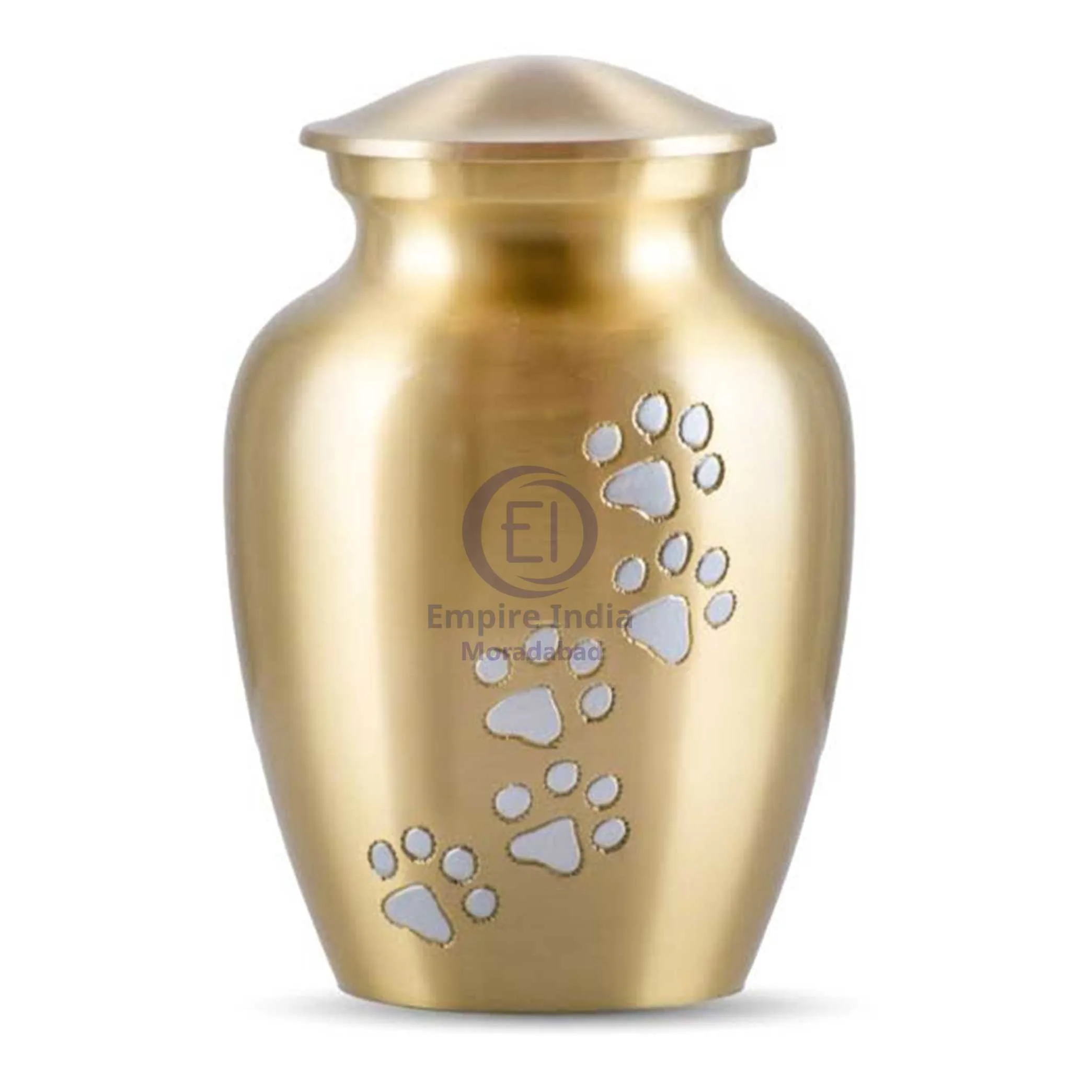 Gold Brass Pet Cremation Urn with White Paw Prints โ Polished Finish | Empire India Manufacturer | Exporter | Supplier | Moradabad, India
