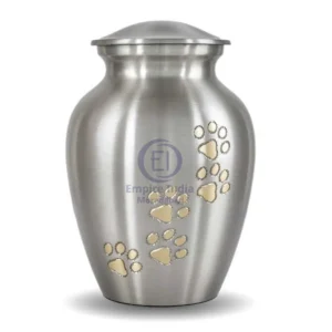 Silver Aluminum Pet Cremation Urn with Gold Paw Prints – Polished Finish | Empire India Manufacturer | Exporter | Supplier | Moradabad, India