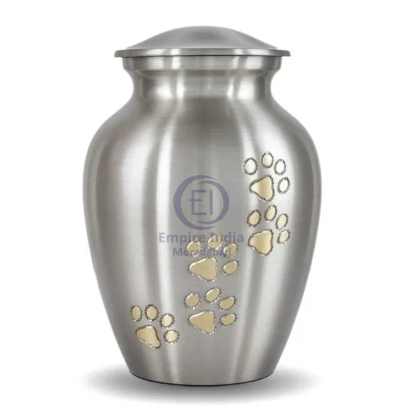Silver Aluminum Pet Cremation Urn with Gold Paw Prints – Polished Finish | Empire India Manufacturer | Exporter | Supplier | Moradabad, India