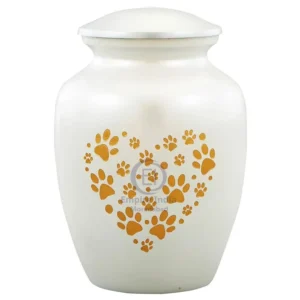 Aluminum Pet Urn – White Finish with Golden Paw Heart Design | Empire India Manufacturer | Exporter | Supplier | Moradabad, India