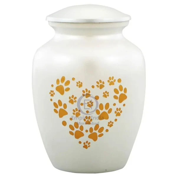 Aluminum Pet Urn – White Finish with Golden Paw Heart Design | Empire India Manufacturer | Exporter | Supplier | Moradabad, India