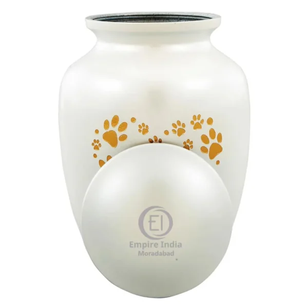 Aluminum Pet Urn – White Finish with Golden Paw Heart Design | Empire India Manufacturer | Exporter | Supplier | Moradabad, India - Image 2