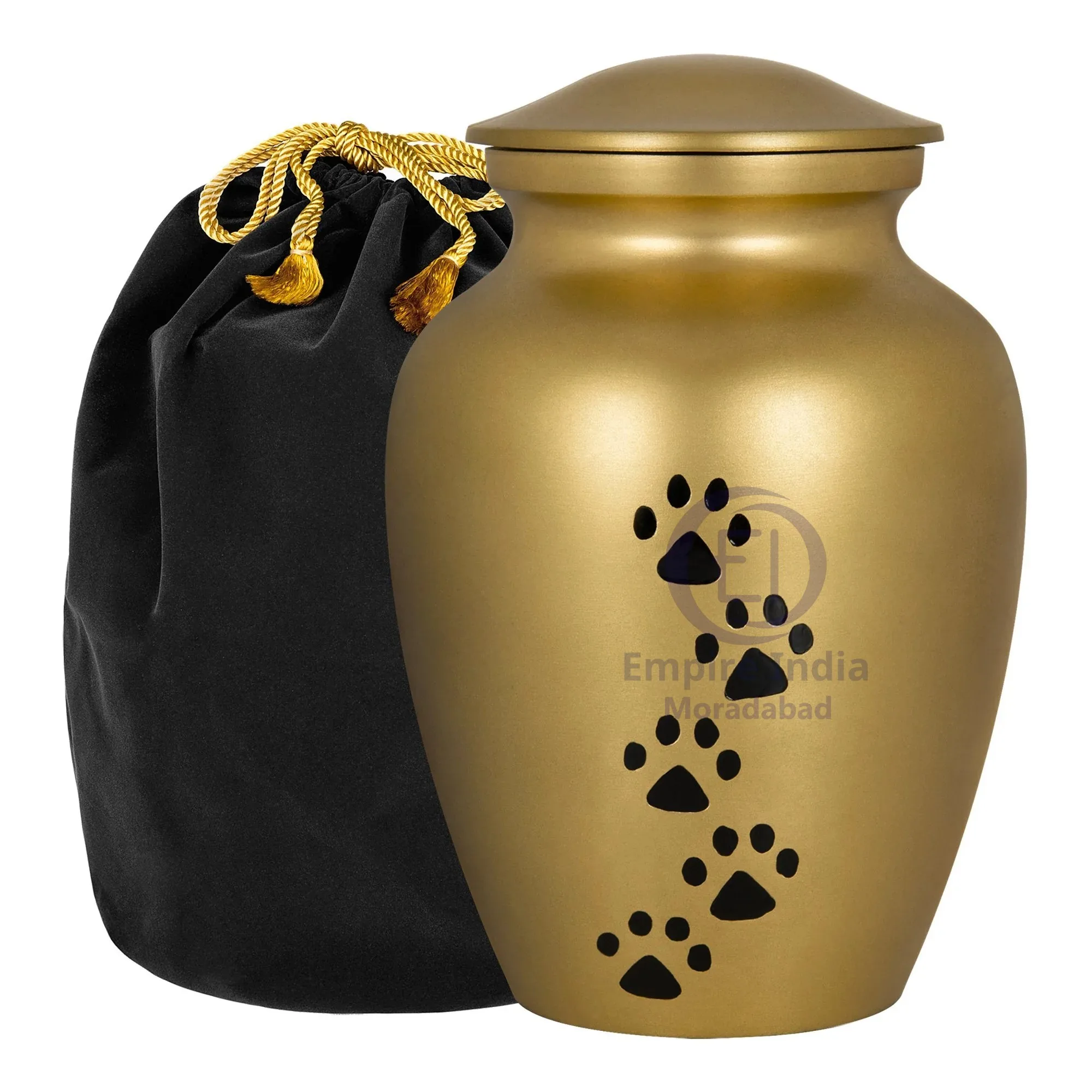 Aluminum Pet Urn – Gold Matte Finish with Black Paw Print Trail | Empire India Manufacturer | Exporter | Supplier | Moradabad, India