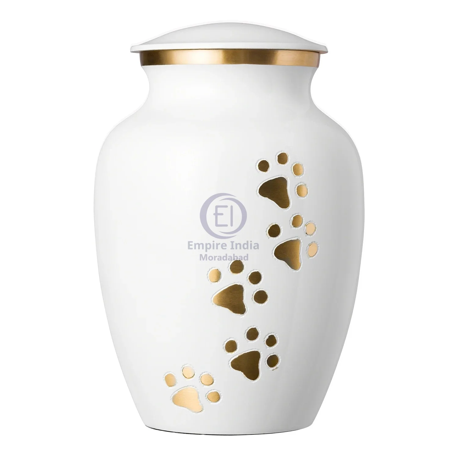 Brass Pet Urn – White Enamel Finish with Gold Paw Print Trail | Empire India Manufacturer | Exporter | Supplier | Moradabad, India