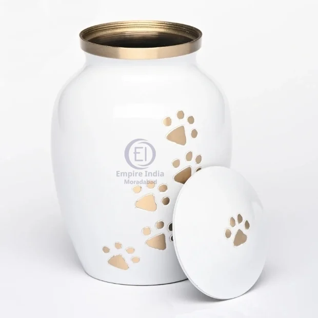 Brass Pet Urn – White Enamel Finish with Gold Paw Print Trail | Empire India Manufacturer | Exporter | Supplier | Moradabad, India - Image 2