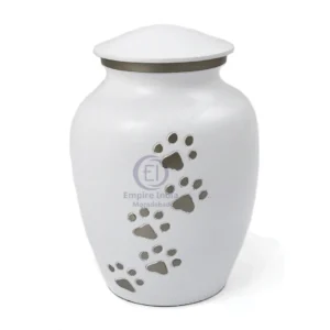 Aluminum Pet Urn – White Enamel with Silver Paw Print Trail | Empire India Manufacturer | Exporter | Supplier | Moradabad, India