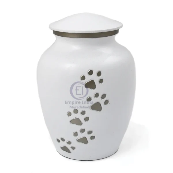 Aluminum Pet Urn – White Enamel with Silver Paw Print Trail | Empire India Manufacturer | Exporter | Supplier | Moradabad, India