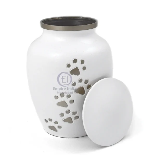 Aluminum Pet Urn – White Enamel with Silver Paw Print Trail | Empire India Manufacturer | Exporter | Supplier | Moradabad, India - Image 2