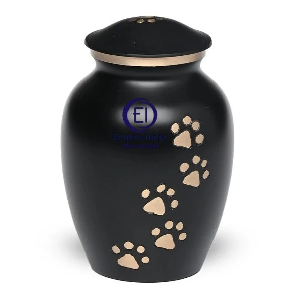 Aluminum Pet Urn – Black Matte Finish with Gold Paw Print Trail | Empire India Manufacturer | Exporter | Supplier | Moradabad, India