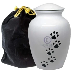 Aluminum Pet Urn – White Matte Finish with Black Paw Print Trail & Velvet Bag | Empire India Manufacturer | Exporter | Supplier | Moradabad, India