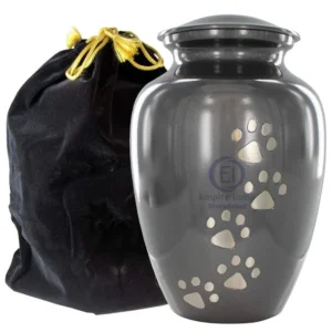 Aluminum Pet Urn – Glossy Grey Finish with Silver Paw Print Trail & Velvet Bag | Empire India Manufacturer | Exporter | Supplier | Moradabad, India