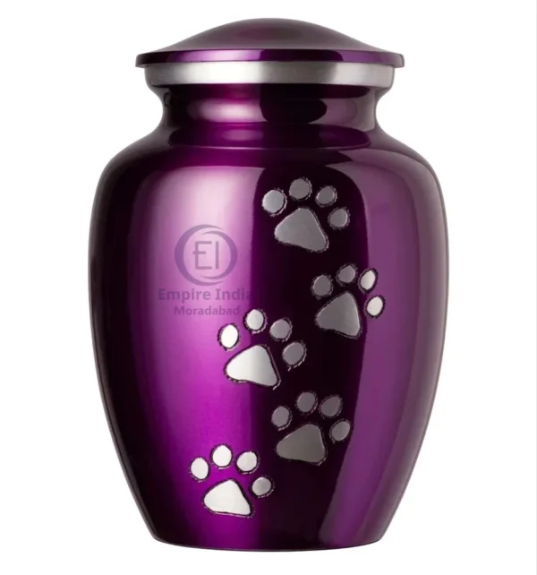 Aluminum Pet Urn – Glossy Purple Finish with Silver Paw Print Trail | Empire India Manufacturer | Exporter | Supplier | Moradabad, India