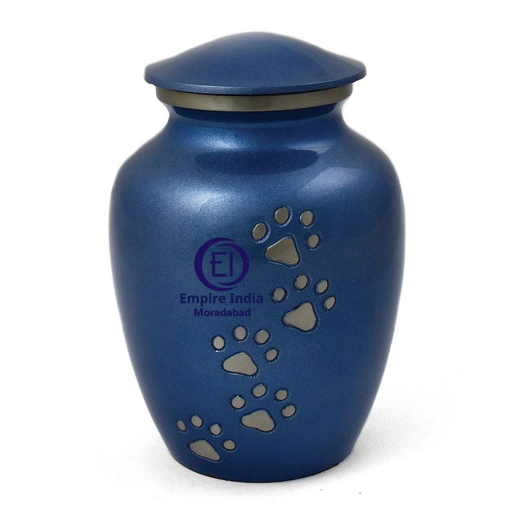 Royal Blue Aluminum Pet Cremation Urn with Silver Paw Prints – Painted Finish | Empire India Manufacturer | Exporter | Supplier | Moradabad, India