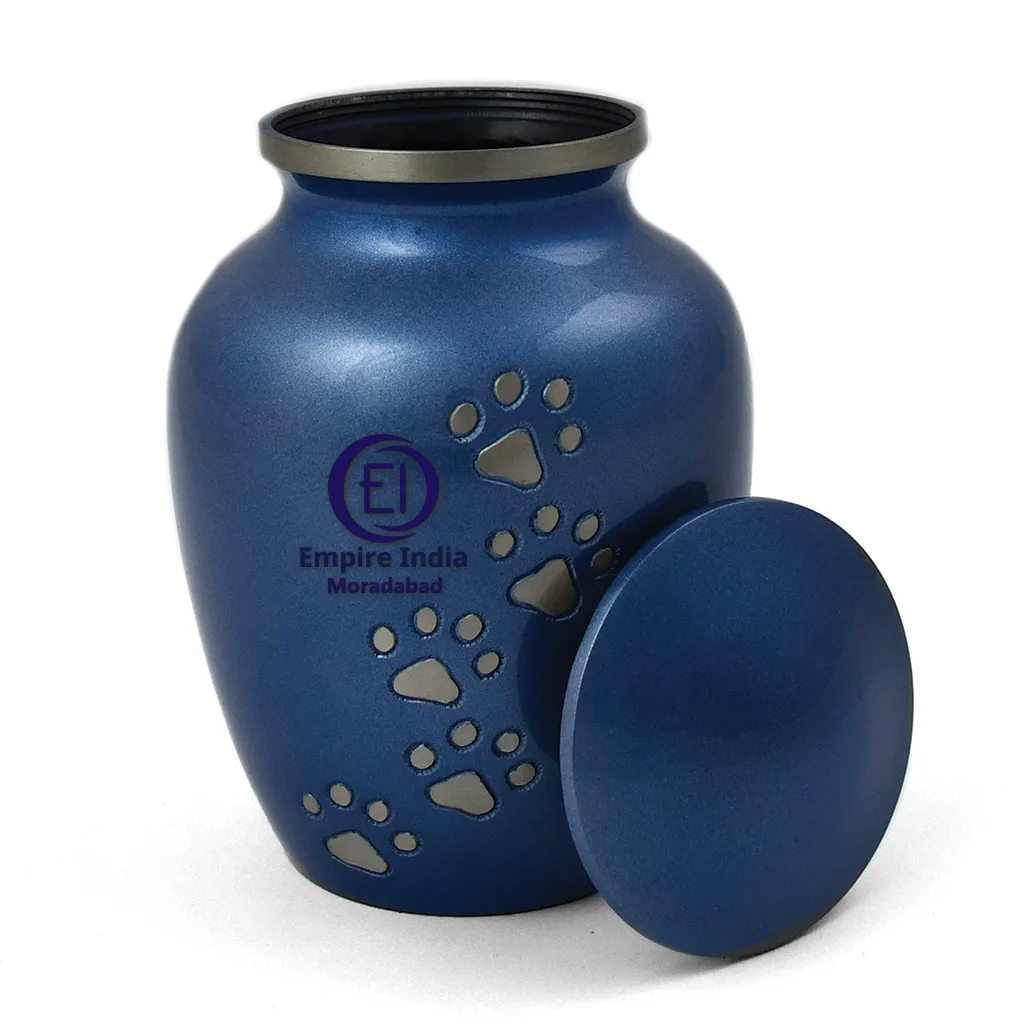 Royal Blue Aluminum Pet Cremation Urn with Silver Paw Prints – Painted Finish | Empire India Manufacturer | Exporter | Supplier | Moradabad, India - Image 2