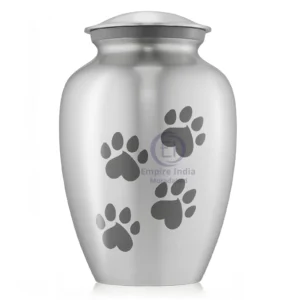 Matte Silver Aluminum Pet Cremation Urn with Black Paw Prints – Polished Finish | Empire India Manufacturer | Exporter | Supplier | Moradabad, India