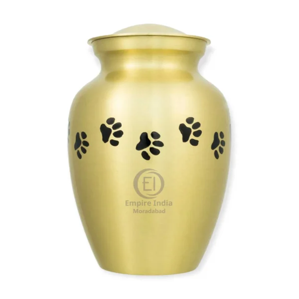 Brushed Gold Aluminum Pet Cremation Urn – Painted Finish with Black Paw Prints | Empire India Manufacturer | Exporter | Supplier | Moradabad, India