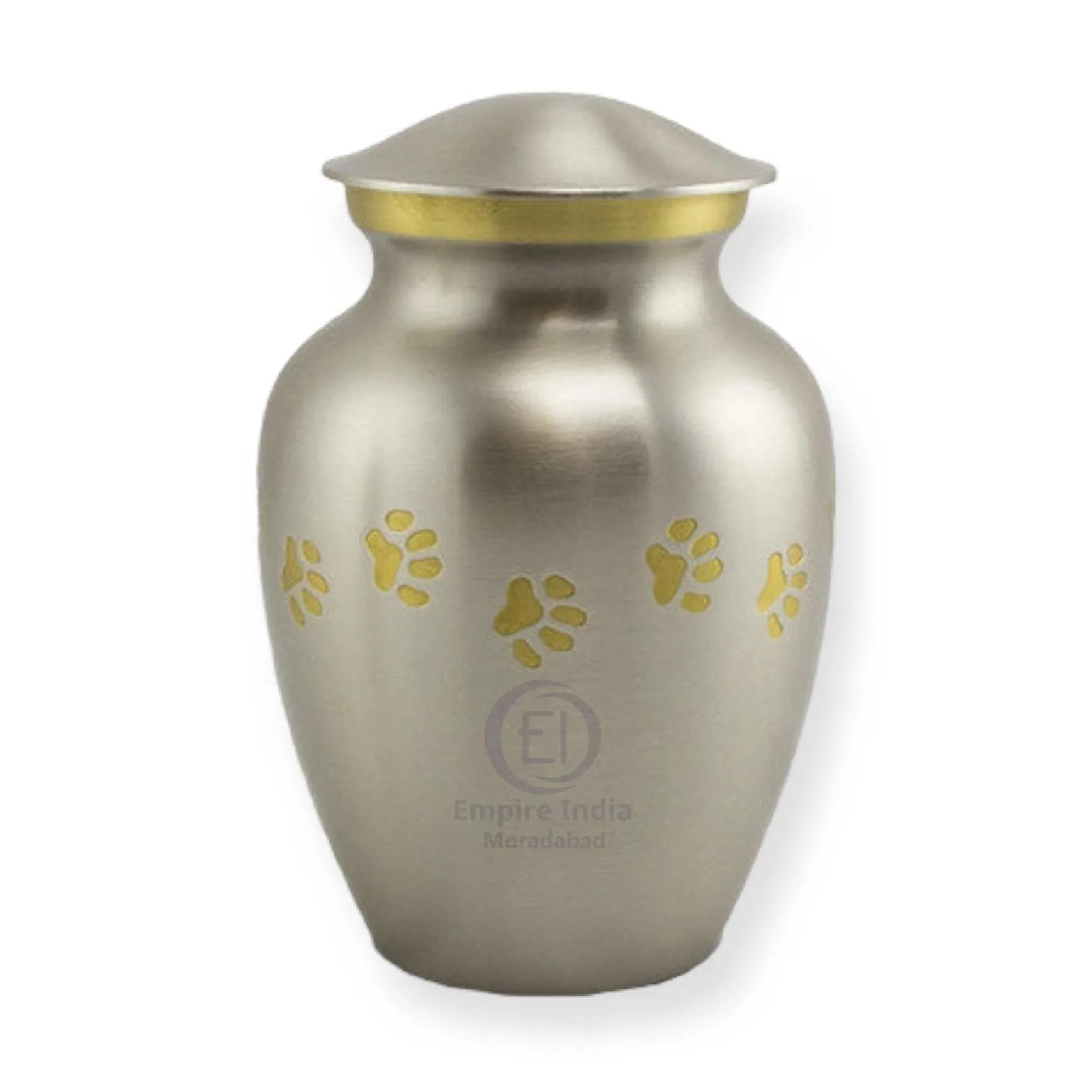Silver Aluminum Pet Cremation Urn – Painted Finish with Golden Paw Prints | Empire India Manufacturer | Exporter | Supplier | Moradabad, India