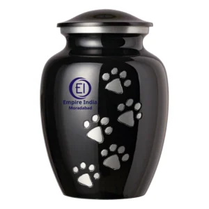 Black Aluminum Pet Cremation Urn – Painted Finish with Silver Paw Prints | Empire India Manufacturer | Exporter | Supplier | Moradabad, India