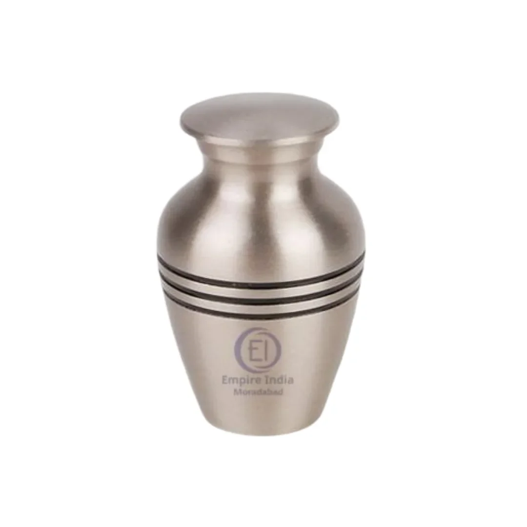 Brushed Silver Aluminum Keepsake Urn – Elegant Finish with Black Accent Bands | Empire India Manufacturer | Exporter | Supplier | Moradabad, India