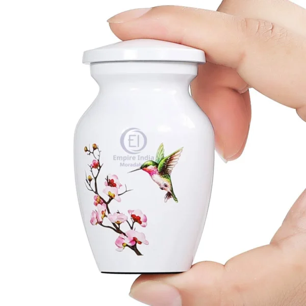 White Aluminum Keepsake Urn with Hummingbird & Cherry Blossoms – Nature-Inspired Tribute | Empire India Moradabad Manufacturer | Exporter | Supplier - Image 2