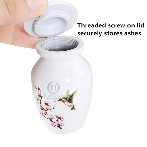 White Aluminum Keepsake Urn with Hummingbird & Cherry Blossoms – Nature-Inspired Tribute | Empire India Moradabad Manufacturer | Exporter | Supplier - Image 3